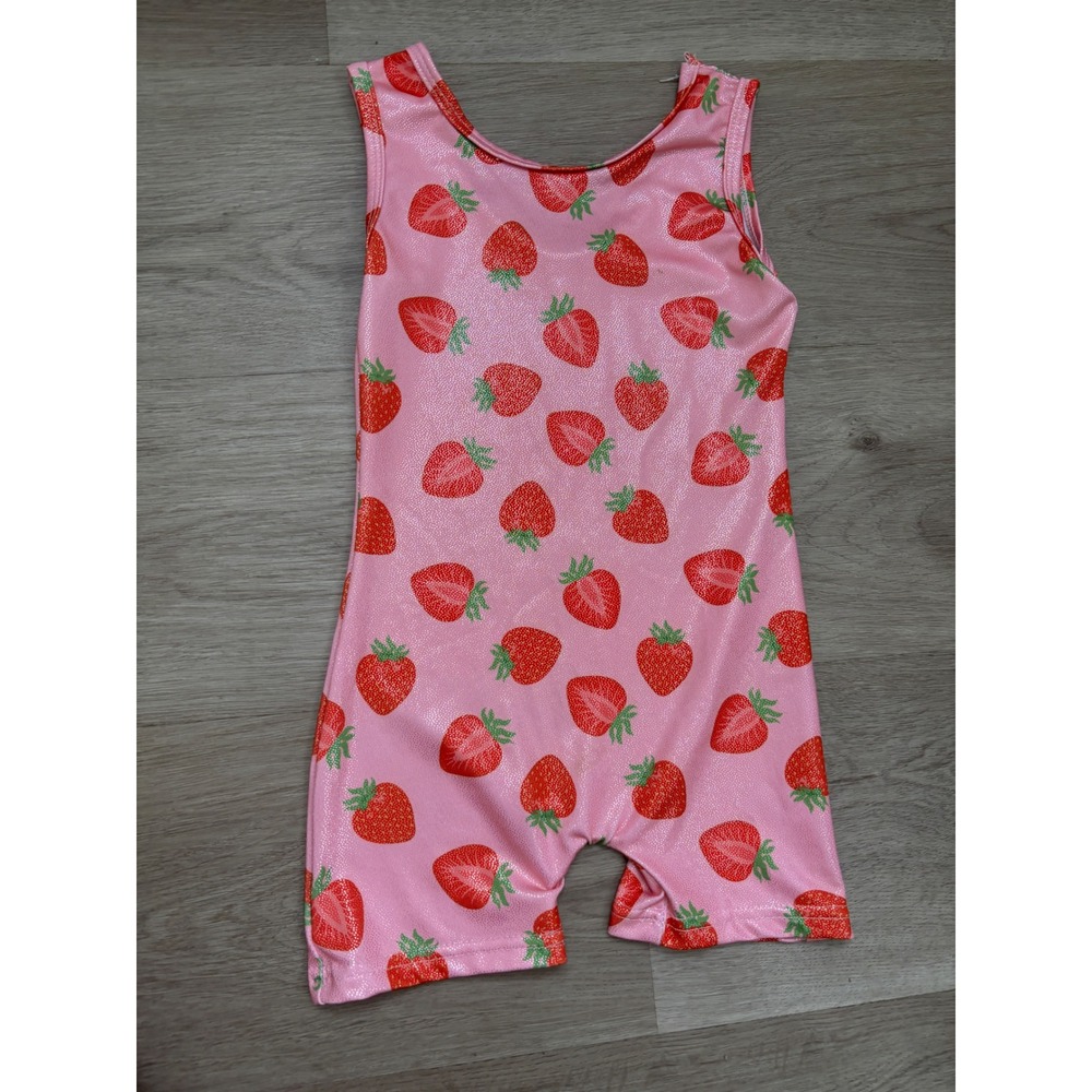Pink Strawberry Sparkle Gymnastics Biketard Sleeveless Leotard Kids Size XS